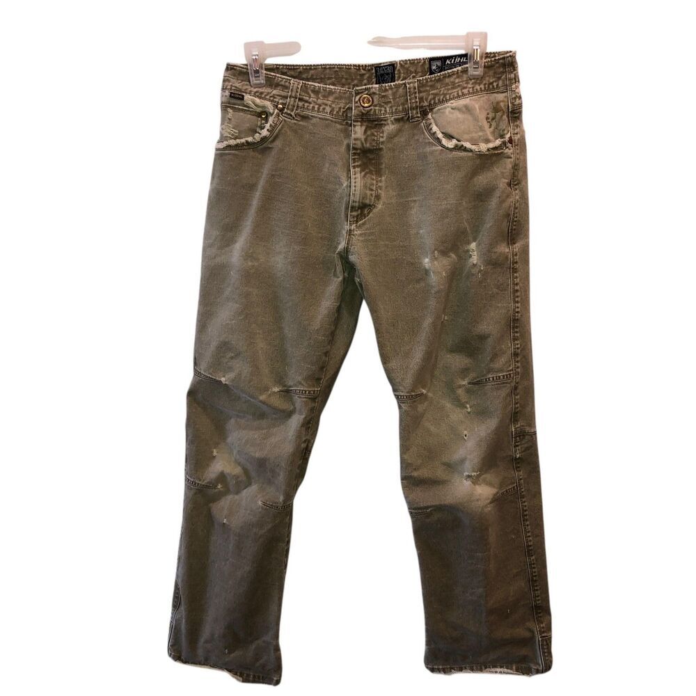 Kuhl Rydr Mens 34 x 30 Khaki Vintage Patina Destroyed Rugged Hiking Jeans Pants